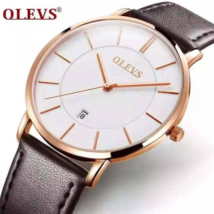 OLEVS 5869 Luxury Men's Quartz Watch Analog Display Date Business Fashion Casual Genuine Leather Thin Wrist Watch for Men-2