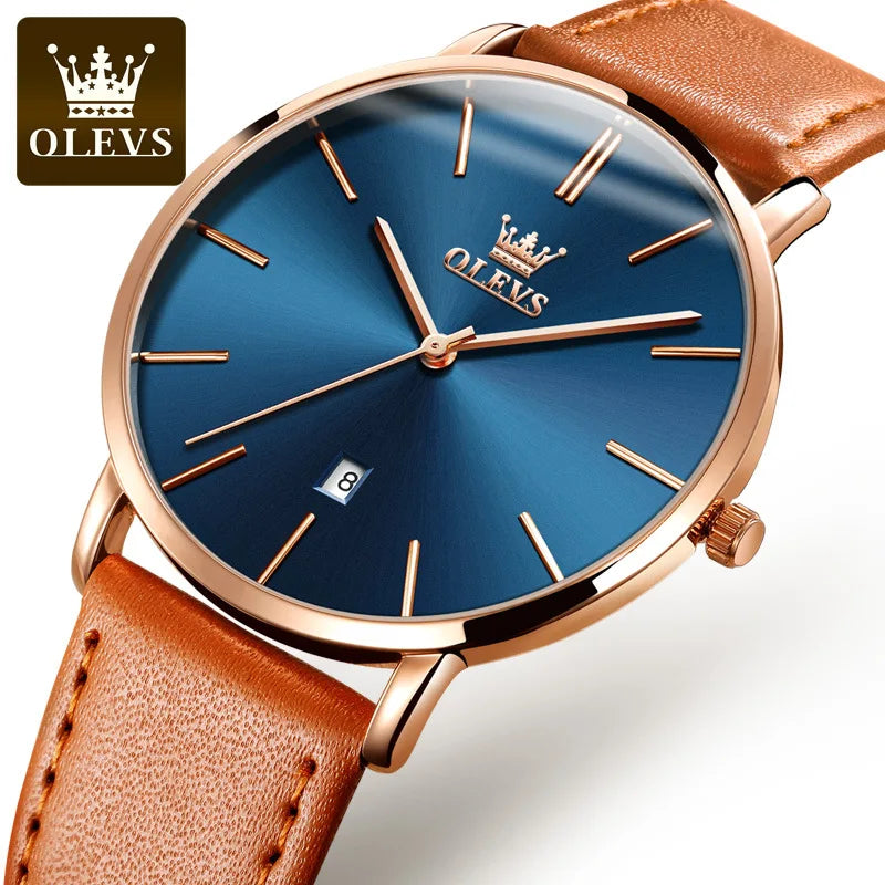 OLEVS 5869 Luxury Men's Quartz Watch Analog Display Date Business Fashion Casual Genuine Leather Thin Wrist Watch for Men-8