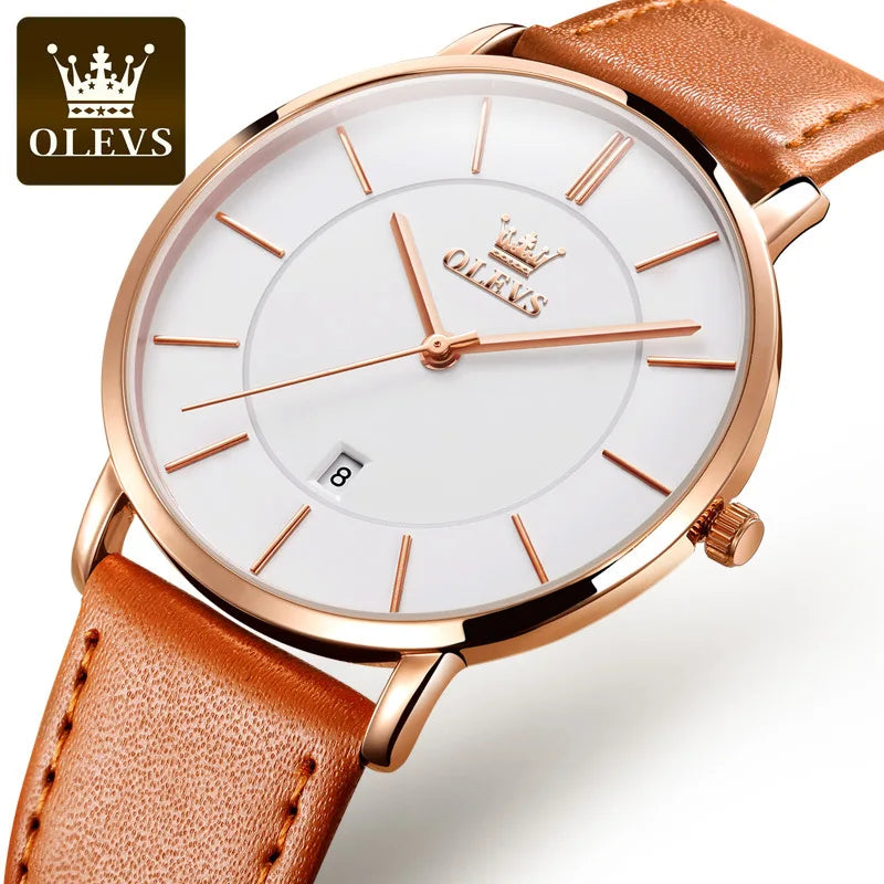 OLEVS 5869 Luxury Men's Quartz Watch Analog Display Date Business Fashion Casual Genuine Leather Thin Wrist Watch for Men-9