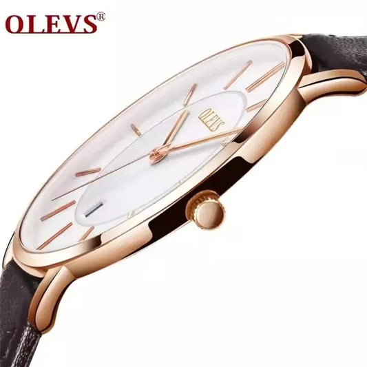 OLEVS 5869 Luxury Men's Quartz Watch Analog Display Date Business Fashion Casual Genuine Leather Thin Wrist Watch for Men-0