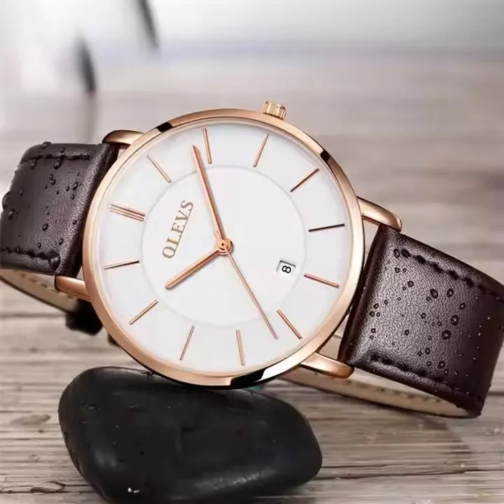 OLEVS 5869 Luxury Men's Quartz Watch Analog Display Date Business Fashion Casual Genuine Leather Thin Wrist Watch for Men-3
